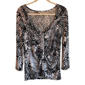 Cache Top Black White Stretch Drapey Sweetheart Neckline Abstract Pattern M